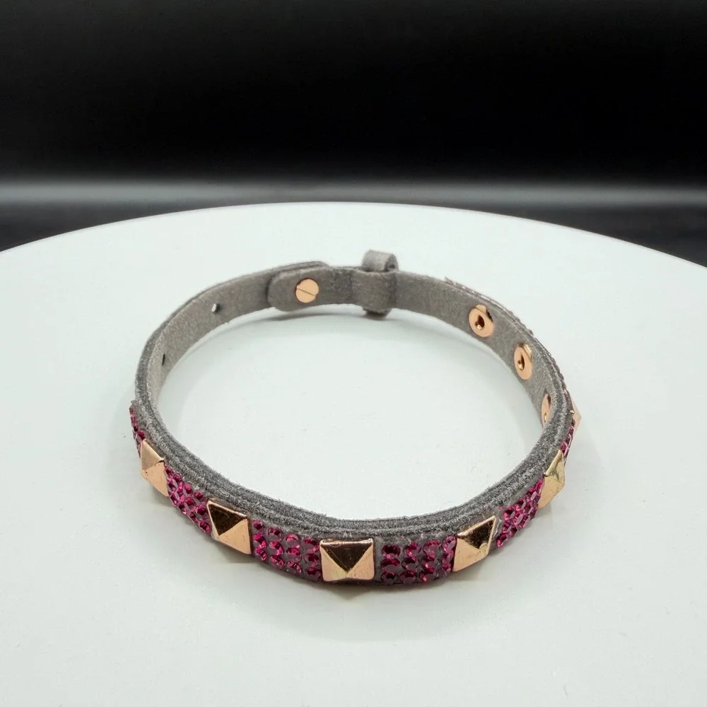Gray Suede Studded Crystal Bracelet Rose Gold Tone Pink Rhinestone Gift Cuff